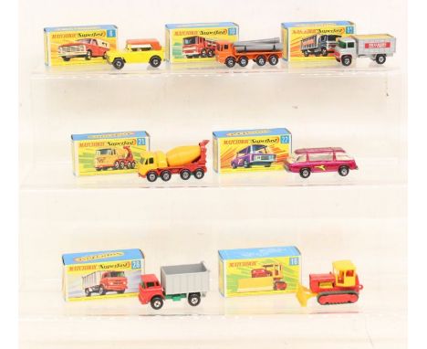 Matchbox: A collection of seven assorted boxed Matchbox Superfast vehicles to comprise: Ford Pick-Up 6, Pipe Truck 10, Scaffo