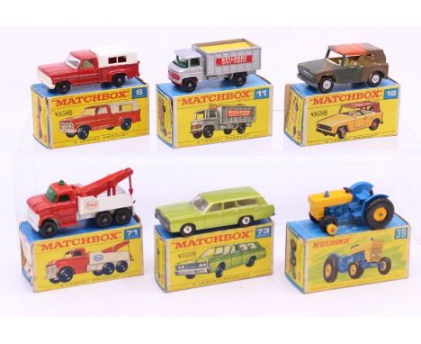 Matchbox: A collection of six assorted boxed Matchbox 75 Series vehicles to comprise: Ford Pick-Up 6, Scaffolding Truck 11, F