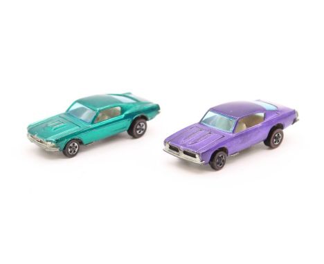 Hot Wheels: A pair of unboxed 1967 Hot Wheels vehicles, Custom Mustang, metallic green body with light interior; and Custom B