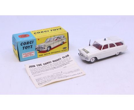 Corgi: A boxed Corgi Toys, Ford Zephyr Motorway Patrol, white body with red interior, Reference 419. Original box, general we