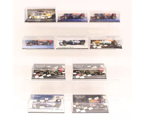 Minichamps: A collection of ten cased Paul's Model Art Minichamps 1:43 Formula 1 and other race vehicles of varying design. S