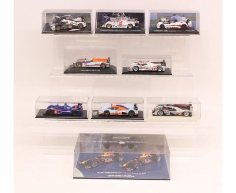 Diecast: A collection of eight diecast 1:43 scale race vehicles in varying livery; together with a Minichamps 2 Car Set, Red 