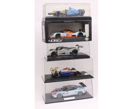 Diecast: A collection of five cased 1:18 diecast race vehicles to include: Norev, Minichamps (damaged front wing), AutoArt an