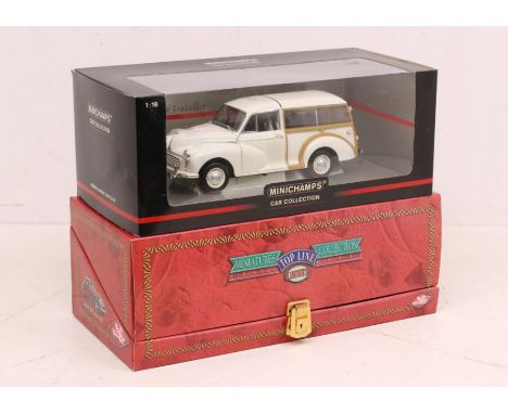 Diecast: A pair of boxed 1:18 Scale diecast vehicles to comprise: Minichamps: Morris Minor Traveller; and Guiloy: BMW 327 Cou