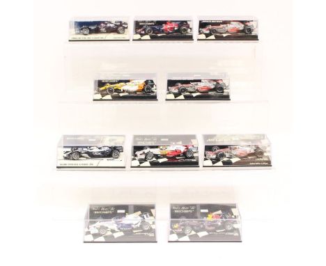 Minichamps: A collection of ten cased Paul's Model Art Minichamps 1:43 Formula 1 and other race vehicles of varying design. S