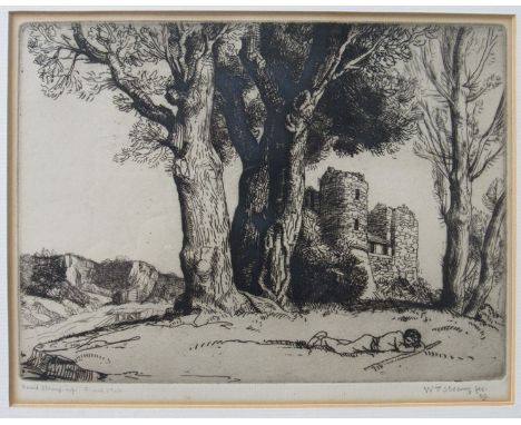 WILLIAM STRANG (1859-1921) and DAVID STRANG (1887-1967) A framed and glazed etching final state - ruined castle, pencil signe