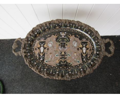 A Louis XV style ceramic tray with stand, ornate cast grape and vine border, ebonised and gilt stand 
