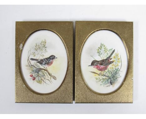 Two painted ceramic plaques from the 20th Century Worcester Factory in easel backed frames 'Brambling (male)' and Dartford Wa