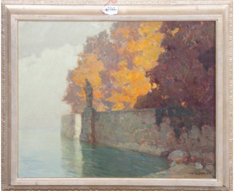 Hermann Göhler (1874-1959). Parkmauer mit Heiligenstatuen an See. Öl/Lw., re./u./sign., gerahmt (40 x 51 cm). Aus dem Nachlas