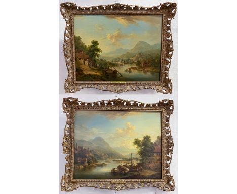 Johann Georg Schütz (1755-1813). Paar Rheinansichten mit Architekturveduten und Personenstaffage. Öl/Holz, mittig sign., gera