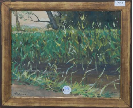 Heinrich Wilhelm Trübner (1851-1917). „Im Schilf“. Gouache, li./u./sign., verso bez., hi./Gl. gerahmt (32 x 40 cm). Provenien