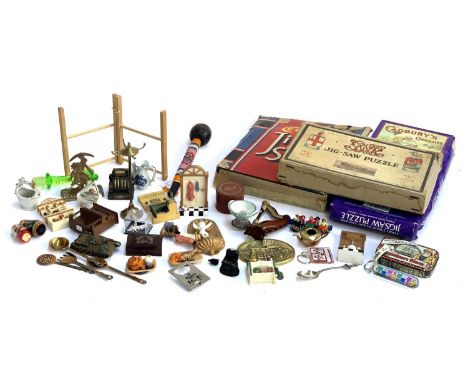 A mixed lot to include silver souvenir spoon, jigsaw puzzles, dolls house furniture, vintage tin, etc