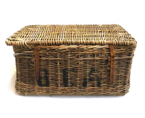 A large vintage wicker hamper with leather straps, 80cm wide 