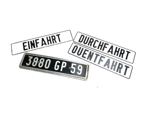 Three German enamel signs, 'Einfahrt', 'Ouentfahrt', and 'Durchfahrt', all 51.5x11cm, together with a vintage car number plat
