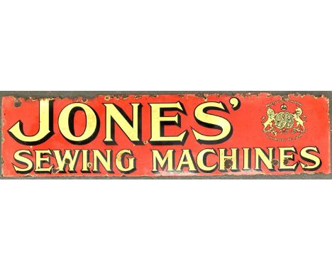 A large vintage enamel sign, Jones' Sewing Machines, 46x183cm 