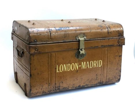 A painted metal travel trunk, inscribed 'First Class, London-Madrid', 65, 44x41cm 