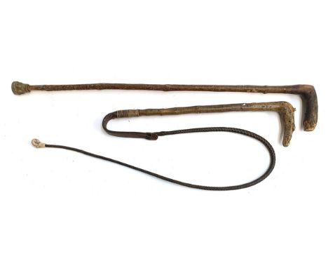 An ash hunting whip, with leather thong and lash; together with a walking cane (2) 
