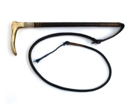 A Swaine &amp; Adeney hunting whip with silver collar and brown leather thong, with lash, 50cm long 