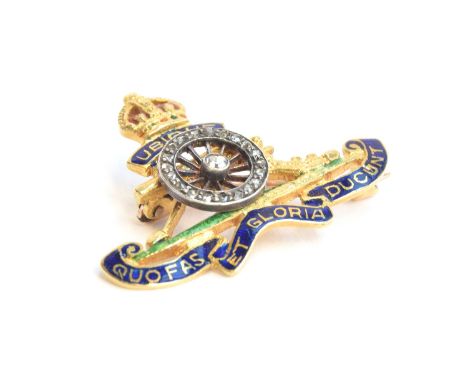 A Royal Regiment of Artillery officer's sweetheart brooch, set with a diamond encrusted gun carriage and cannon, topped with 