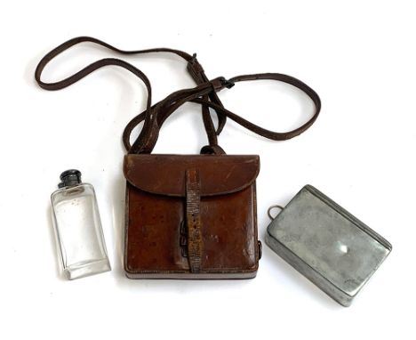 A James Dixon &amp; Son plated topped glass flask, and nickel sandwich box, contained within a small leather satchel, the int