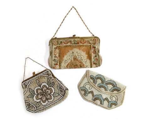 Three vintage beaded purses, the largest finely embroidered with a paste set gilt metal clasp, marked 'Made in Paris', 21cmW 