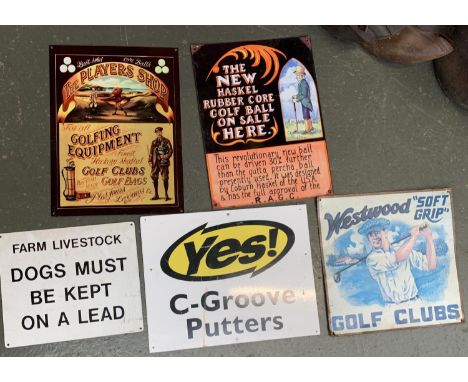 Five enamel signs, to include 'Yes! C-Groove Putters', 31x40cm 