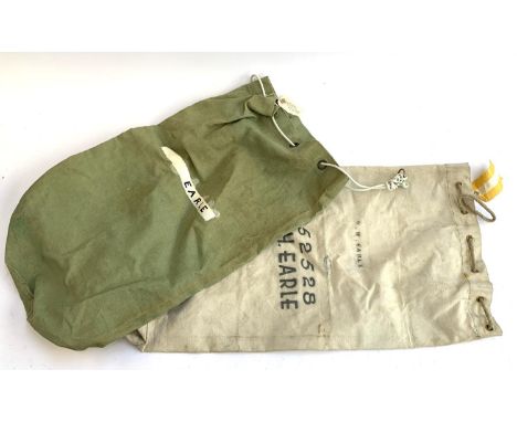 Two vintage drawstring canvas kitbags, each approx. 80cm long, marked Earle 
