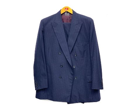 A Henry Poole &amp; Co (2002) double breasted navy suit, with light chalk stripe, the trousers with tunnel tops and turnups, 