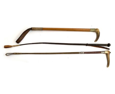 Two riding whips, one with silver collar, c.1913; together with a hunting whip with bamboo shaft and nickel collar, approx. 4