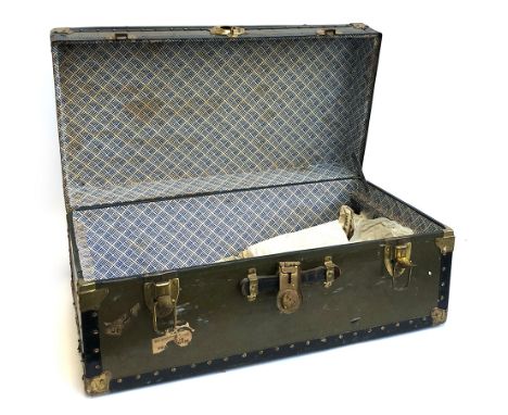 A vintage travel trunk, 'The Non-Breakable Trunk Co, New York', with stickers, 80cm wide 