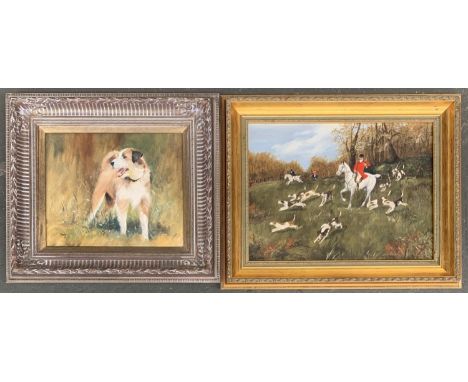 Oil on canvas, huntsman and hounds, signed Linda White, 29x39cm; together with a portrait of a terrier, signed Torey, 23.5x29