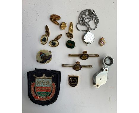 A quantity of badges to include NVA Normandy 1944 badge; Normandy Veterans Association patch; Hertfordshire Regiment bar broo