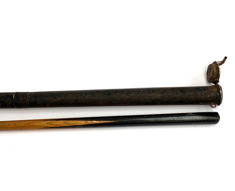 A vintage billiard cue, 15 1/2, in metal travel canister 