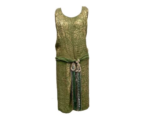 A 1920's green silk and gold metallic embroidered thread flapper dress with attached tie belt comprising blown glass droplet 