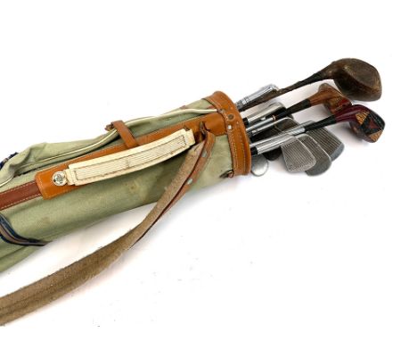 A vintage canvas gold bag, 'The Cliffco Bag', containing a quantity of clubs to include Wilson 