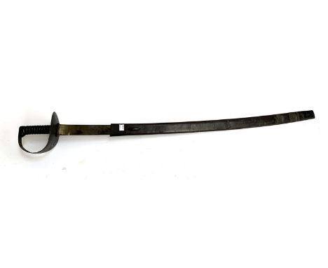 An 1845 pattern naval cutlass, curved blade, with steel hilt and ribbed grip, leather scabbard, length of blade approx. 73.5c