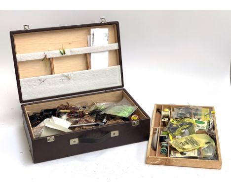 A Bob Church &amp; Co. Northampton fly tyers chest with removeable tray, various fly tying materials and tools to include a V