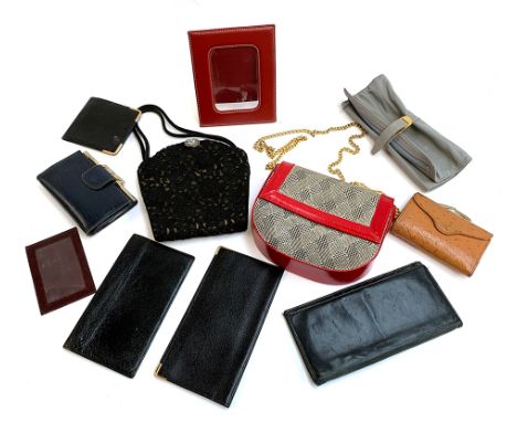 A Waldybag evening purse; together with a vintage evening shoulder bag; watch wrap; and a red leather picture frame; various 