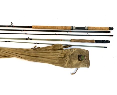A Silstar X-Citer WR three piece 14' graphite salmon rod, #9-10, in original bag; together with a Milbro vintage fibreglass f