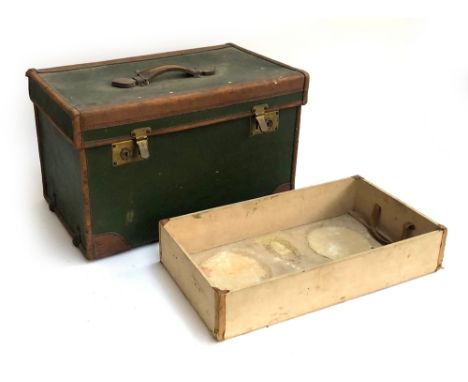 A green travel trunk with leather trim and removeable tray, 53x32x33cmH 