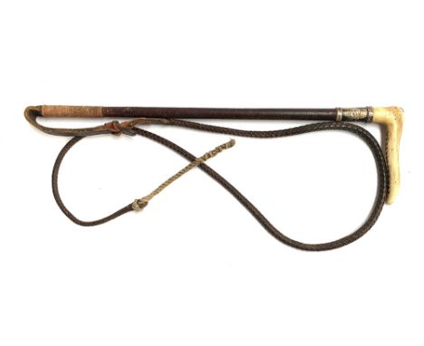 A Swaine lady or child's hunting whip, with silver collar monogrammed S.J.H. 1964, with leather thong, 48cm long 