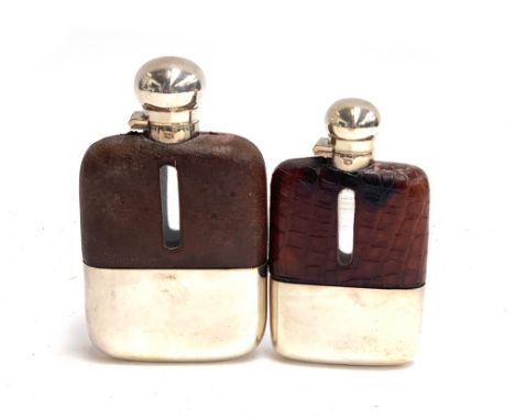 A silver plated and leather hip flask by James Dixon &amp; Sons, marked as 1/4 pint, 14cm high; together with a 1/8 pint flas