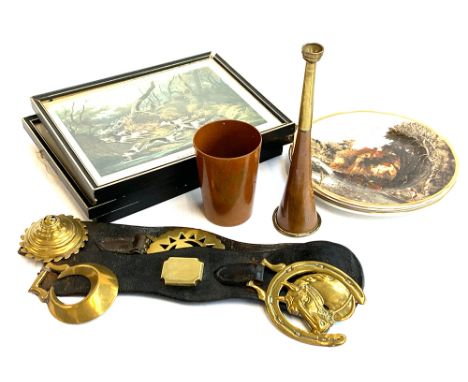 A copper and brass hunting horn; and two sets of leather mounted horse brasses; a Jalik bakelite beaker (GR 1946); Constable 