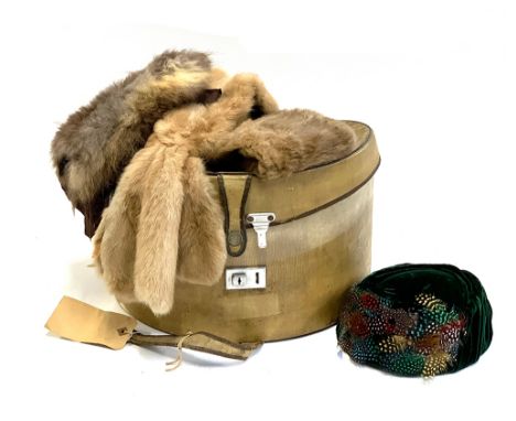A vintage green velvet and died feather reslaw hat with hat box; together with various furs 