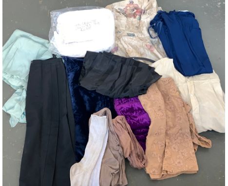 A quantity of vintage clothing to include christening robe, silk shirt (af), velvet pantaloons, undergarments, etc 