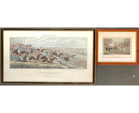 19th century colour print of an English foxhound meet on heathlands, 38x57cm; together with two 19th century colour engraving