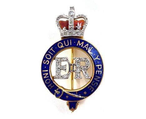 A 9ct gold, diamond and enamel Royal Horse Guards regimental brooch, bearing the motto 'HONI SOIT QUI MAL Y PENSE' surrounded