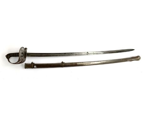 A Victorian officer's sword, the curved blade with etched decoration of a crowned VR cypher with bugle and rifles to opposing