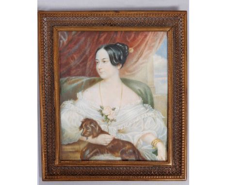 Miniatur-Malerei, deutsch, 19.Jh. Gouache/Elfenbein, Portrait einer Biedermeier-Dame mit Hund, u.l. sign. Wagner, 10,5x9cm (S