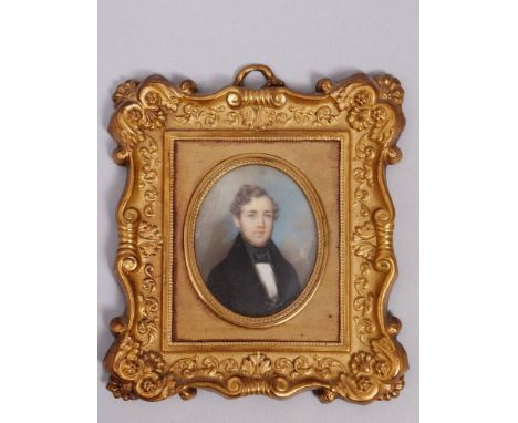 Miniatur-Malerei, Gouache/Elfenbein, Portrait eines Biedermeier-Herrn in schwarzem Gehrock, m.r. sign. Stelzner, oval, 6x4,5c